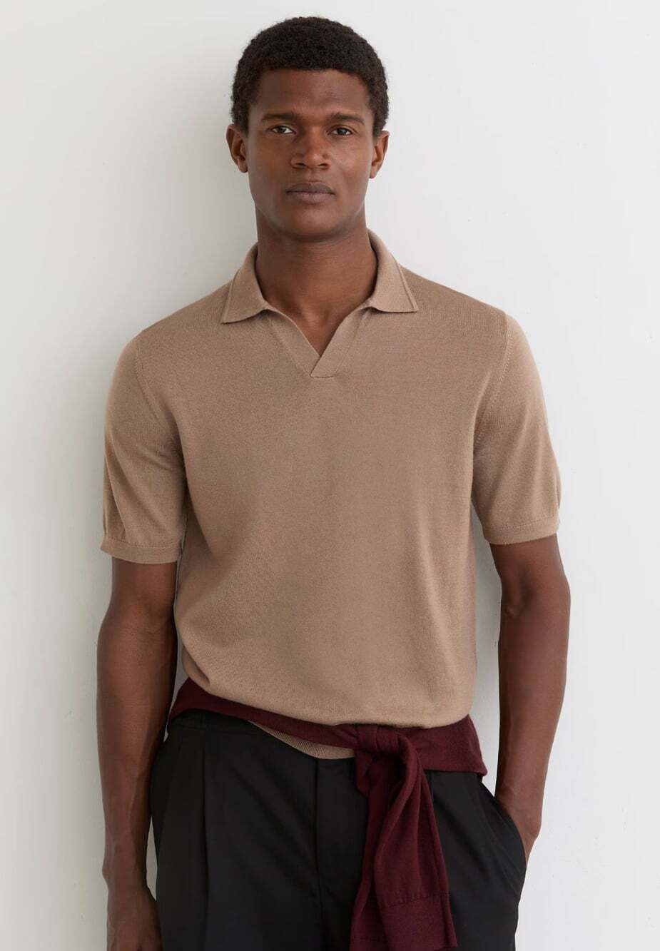 Reiss Duchie Merino Wool Open Collar Polo Shirt in Camel Brown Men's Medium
